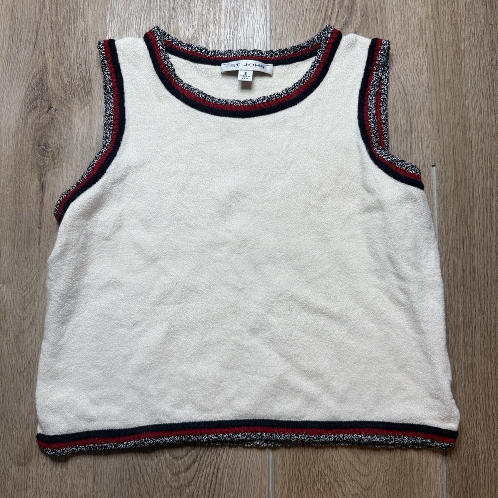 St John Sport Women's Cream Striped Neck Sleeveless Pullover Vest Sweater Sz S